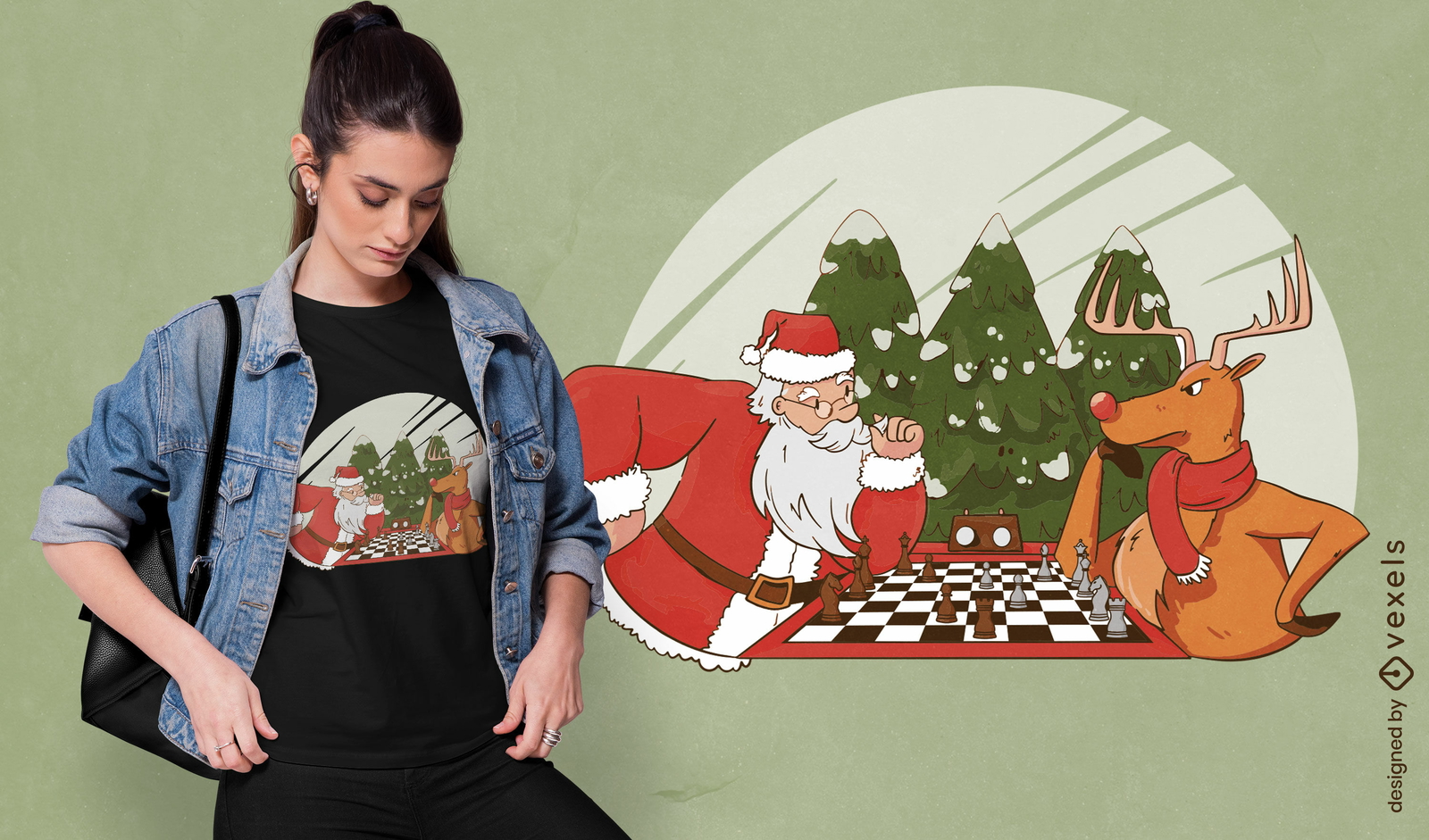 Diseño de camiseta de santa claus y ciervos jugando al ajedrez.