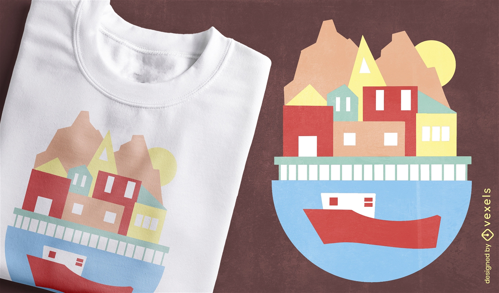 Diseño de camiseta de puerto con barco y casas.