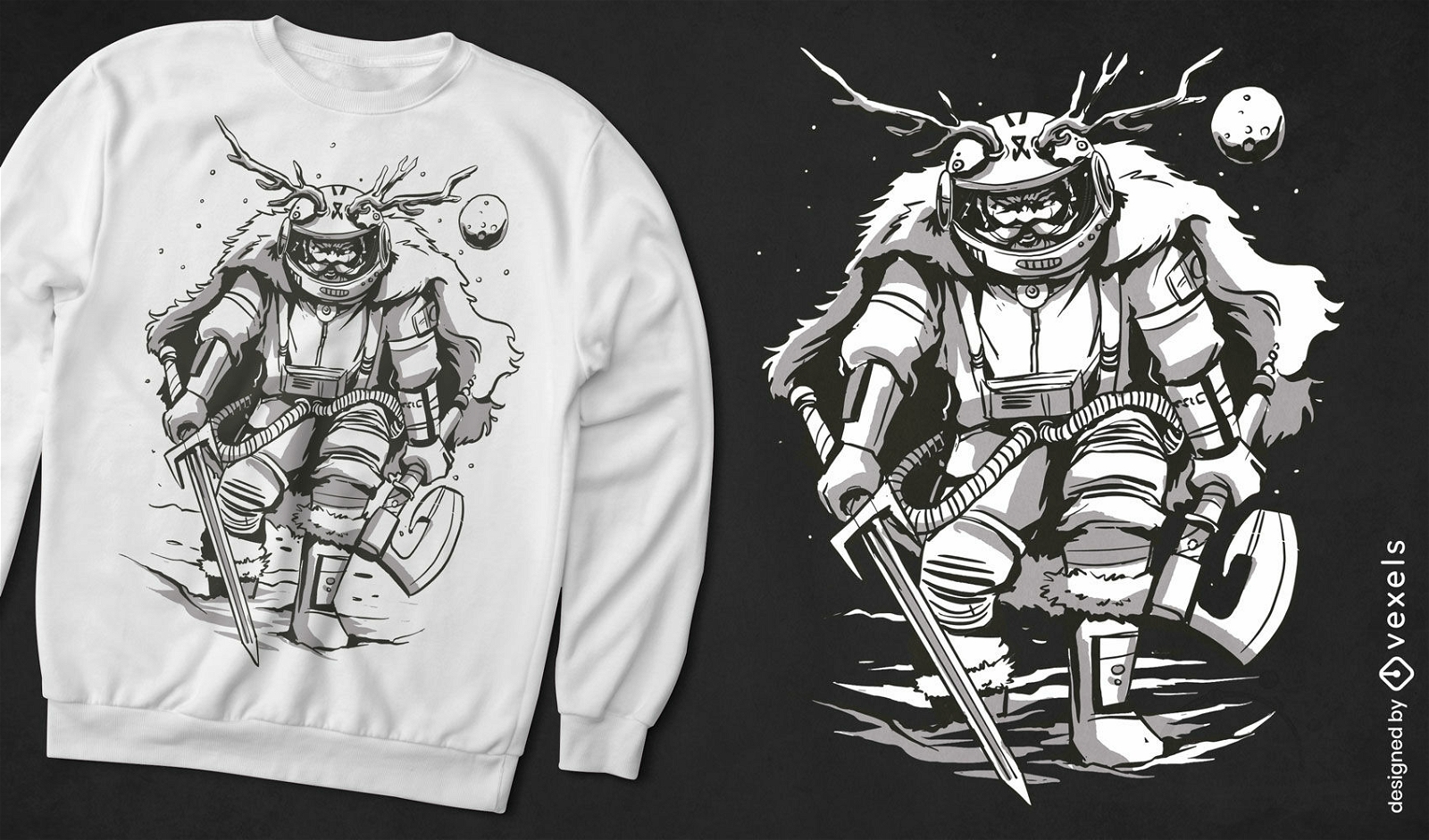 Diseño de camiseta de personaje de astronauta vikingo