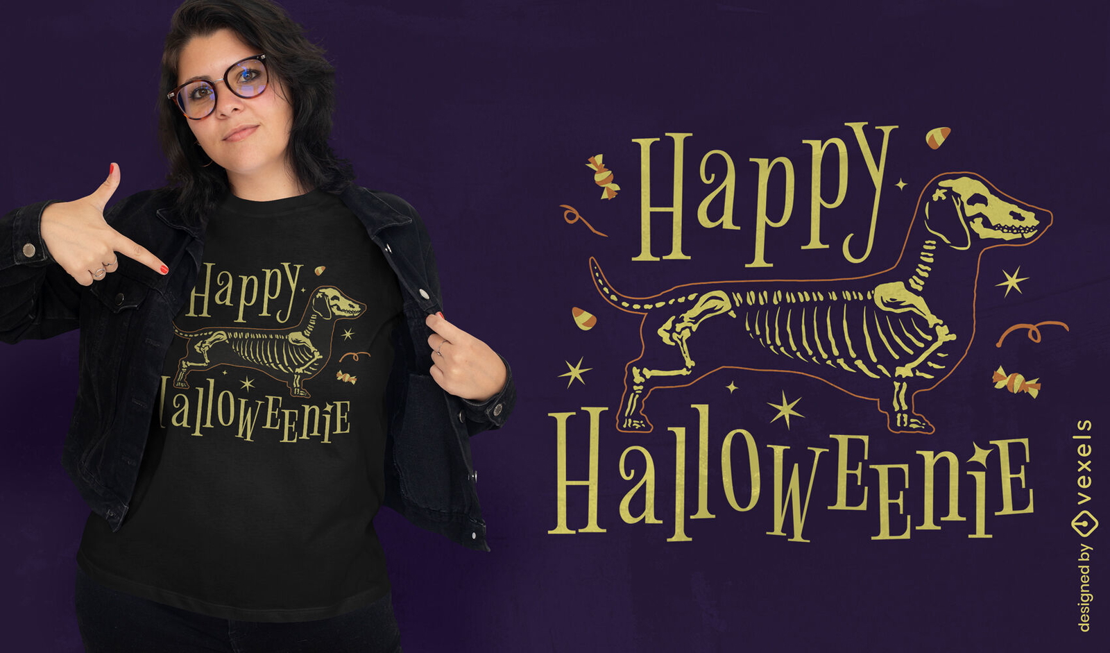 Diseño de camiseta de halloween de esqueleto de perro Daschund