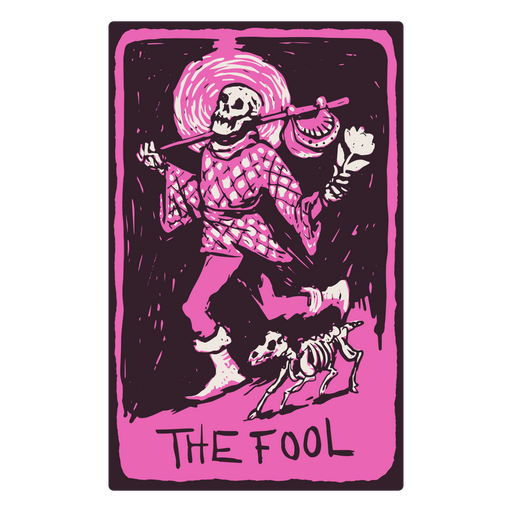 La carta del Loco en un tarot con temática de esqueletos Diseño PNG