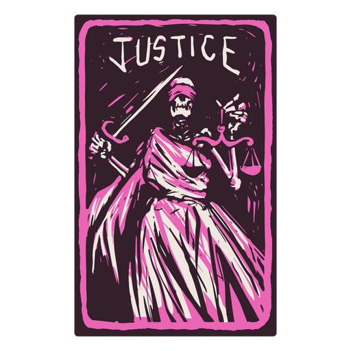 La carta de la Justicia en un tarot con temática de esqueletos Diseño PNG