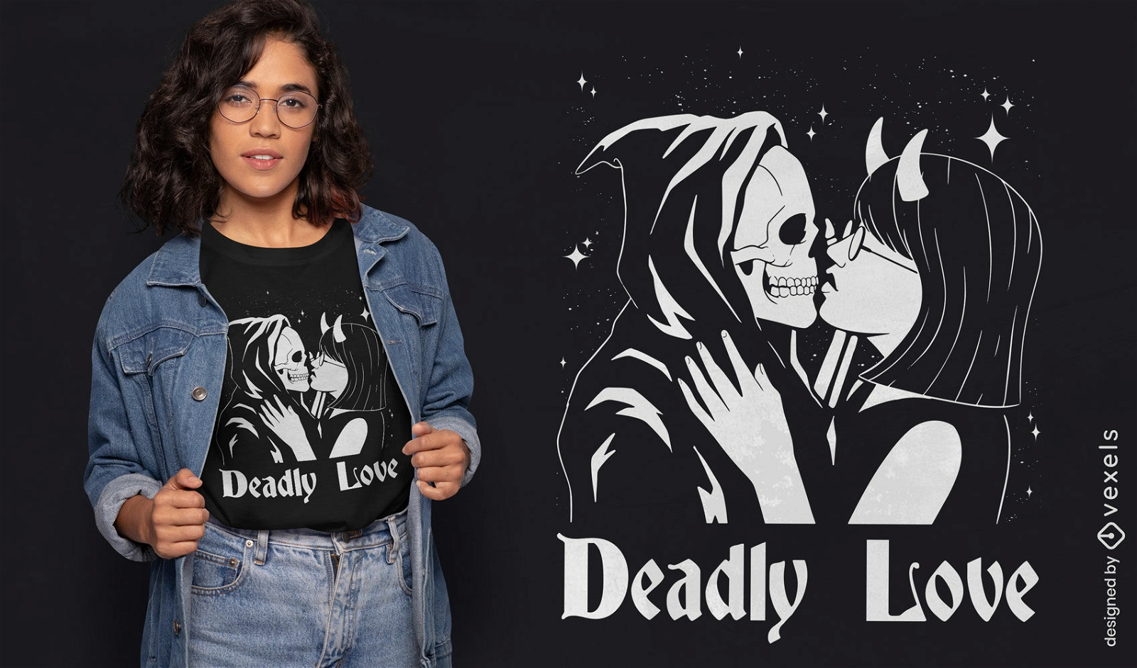 Woman kissing skeleton t-shirt design