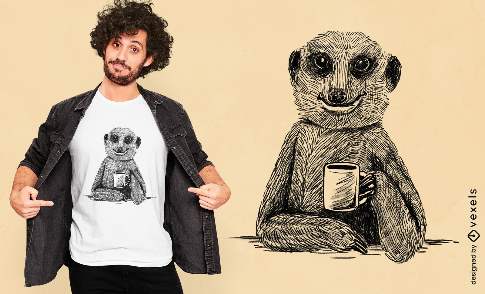 Design de camiseta desenhada à mão com café Meerkat