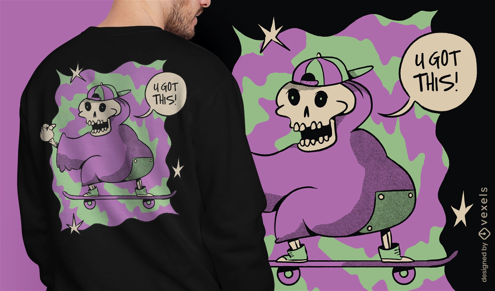 Diseño de camiseta de skate de esqueleto motivacional.