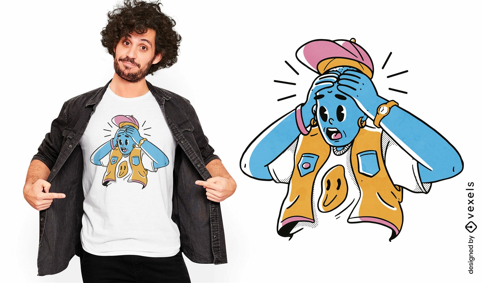 Design de camiseta de homem de desenho animado surpreso