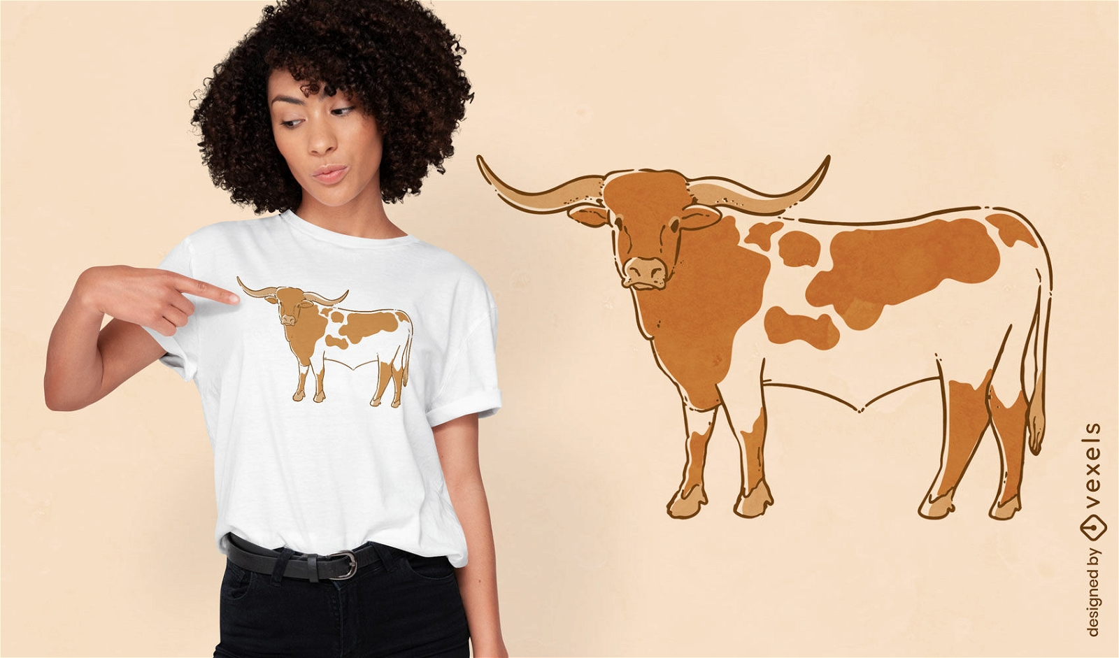 Diseño de camiseta de animal vaca con cuernos largos.