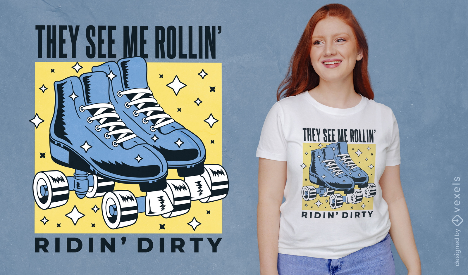 Glänzendes blaues Rollschuh-T-Shirt-Design