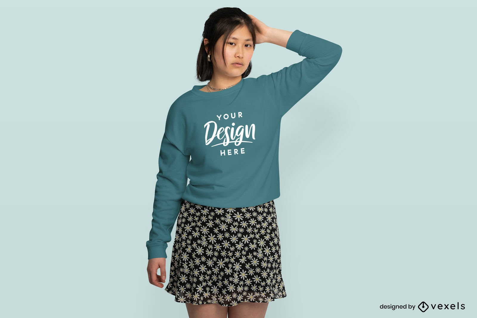 Asian girl in skirt and sweatshirt mockup