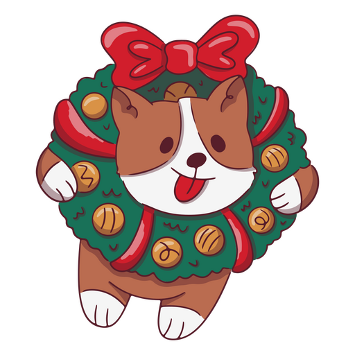Cute corgi playing with a festive holiday wreath PNG Design