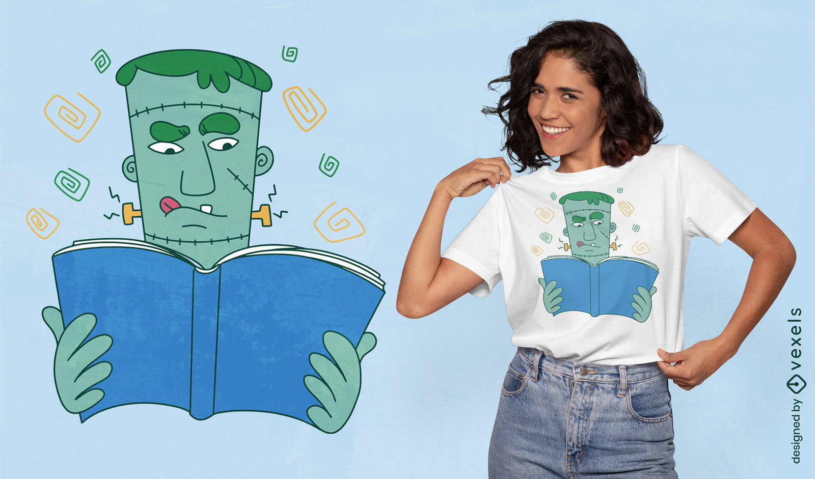 Frankenstein leyendo un diseño de camiseta de libro