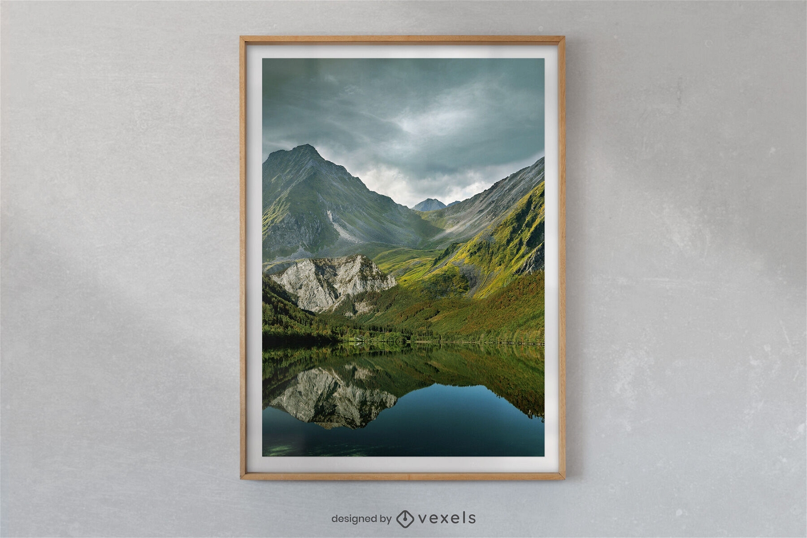 Design de cartaz de paisagem de montanhas e lago