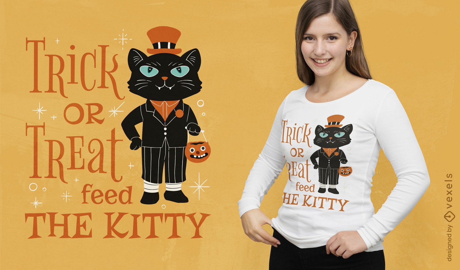 Gato preto em design de t-shirt de fantasia de halloween