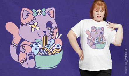 Pastel creepy cat eating ramen t-shirt design