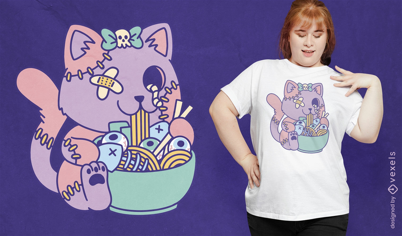 Diseño de camiseta de gato espeluznante pastel comiendo ramen