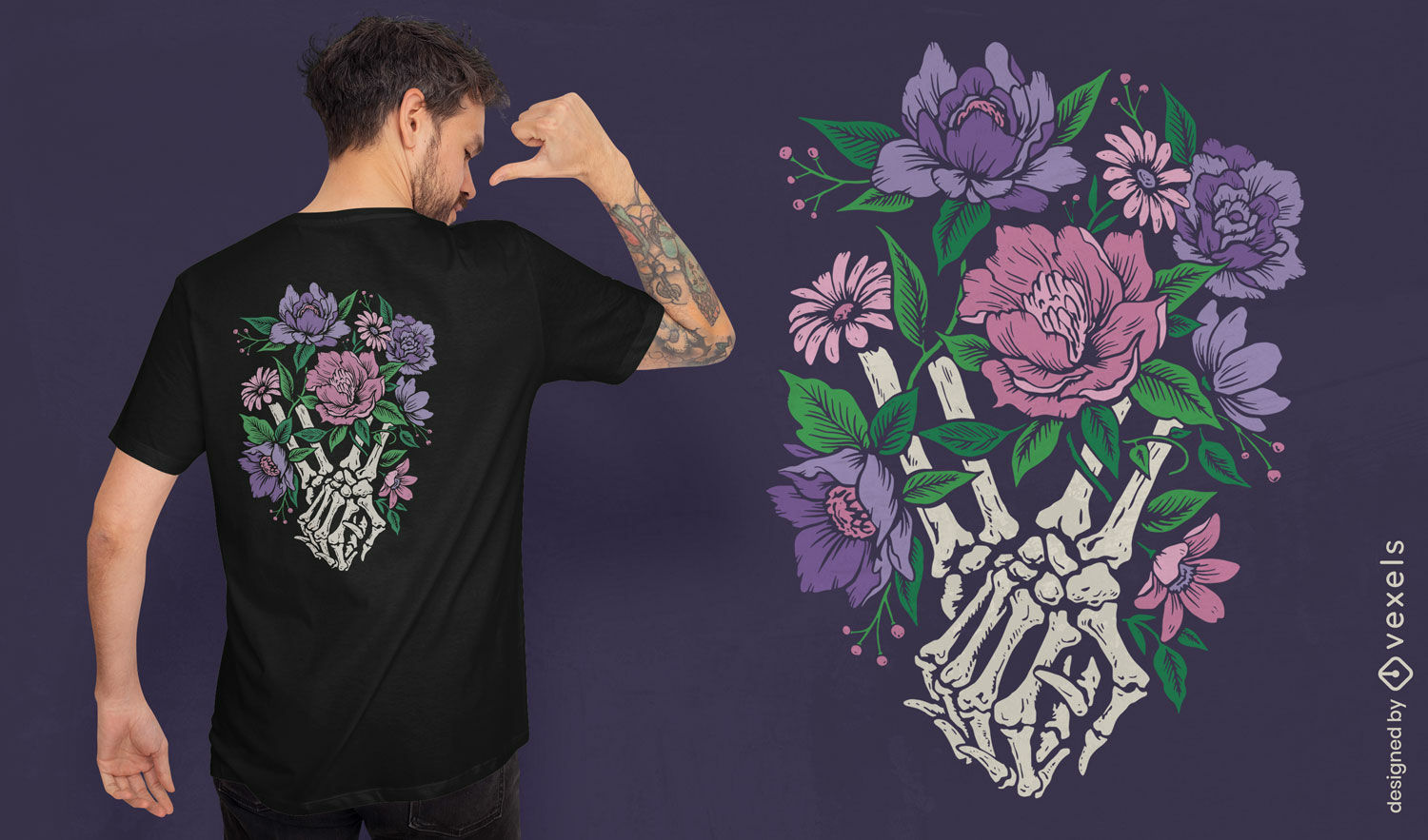 Design de camiseta de flores de mãos de casal de esqueleto