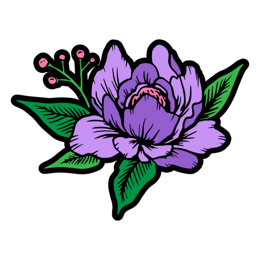 Blooming purple flower with green leaves PNG Design