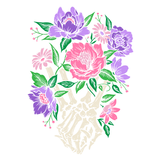 Flores cobrindo mãos de esqueleto Desenho PNG