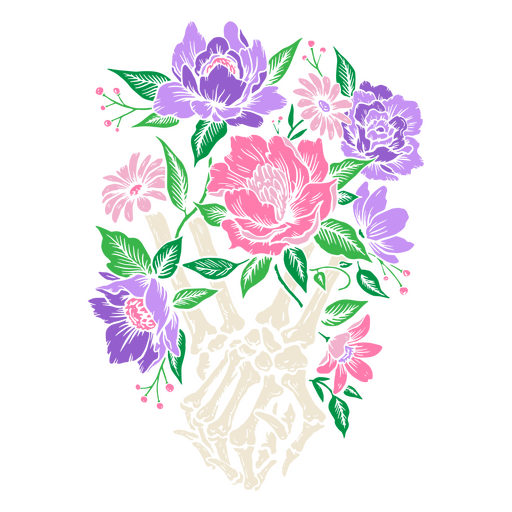 Flores que cubren manos esqueléticas Diseño PNG