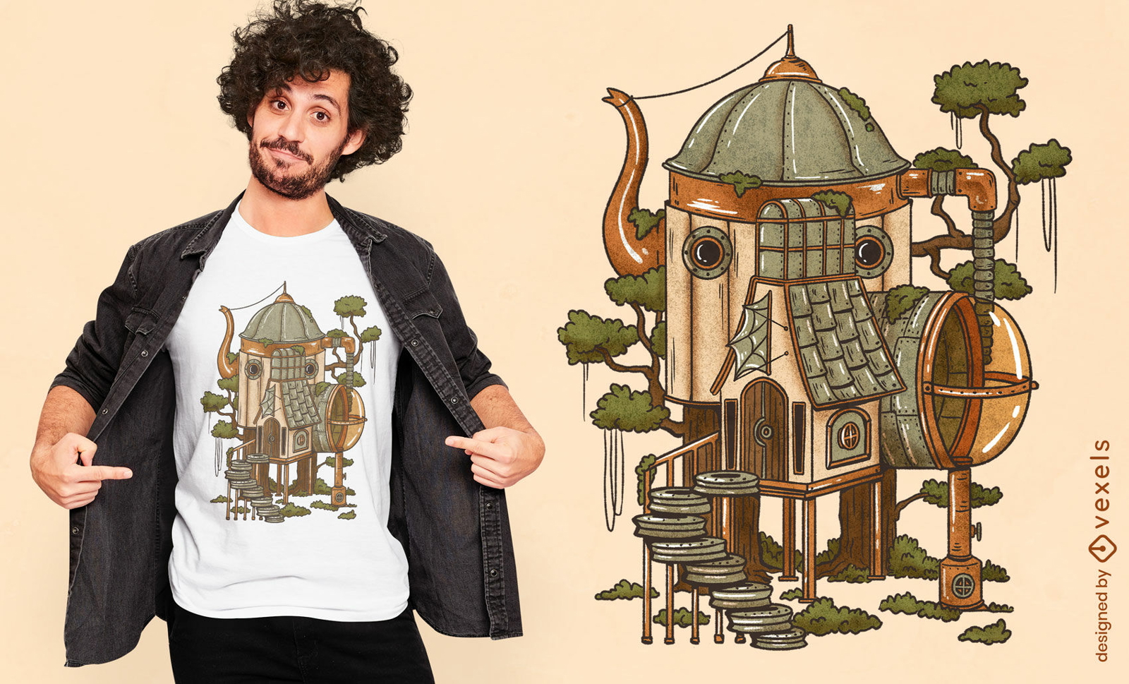 Steampunk Fairy House T-shirt Design Vector Download