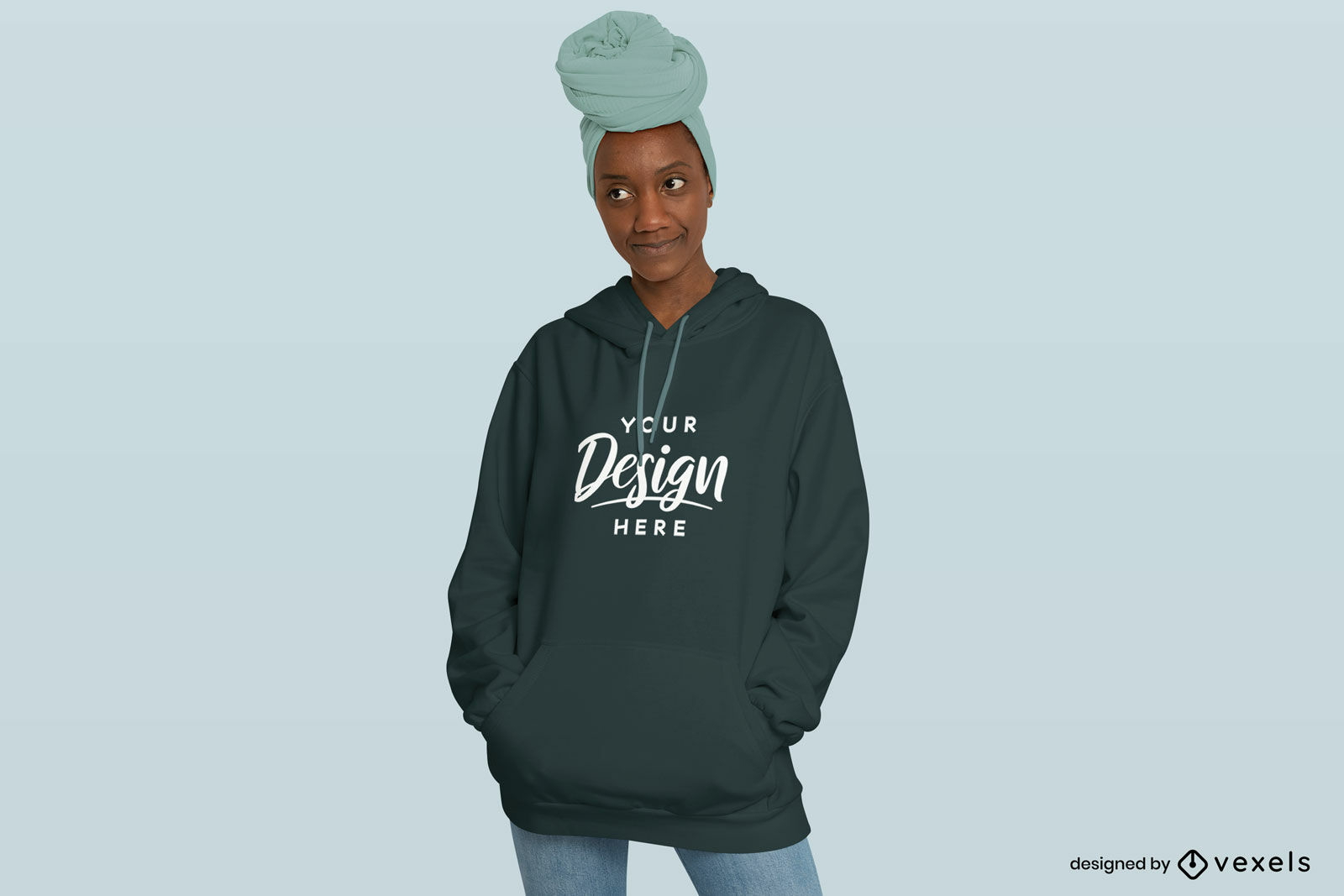 Black woman with headscarf and hoodie mockup