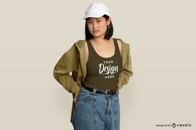 Asian woman with hat and tank top mockup