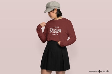 Asian woman with hat and sweatshirt mockup