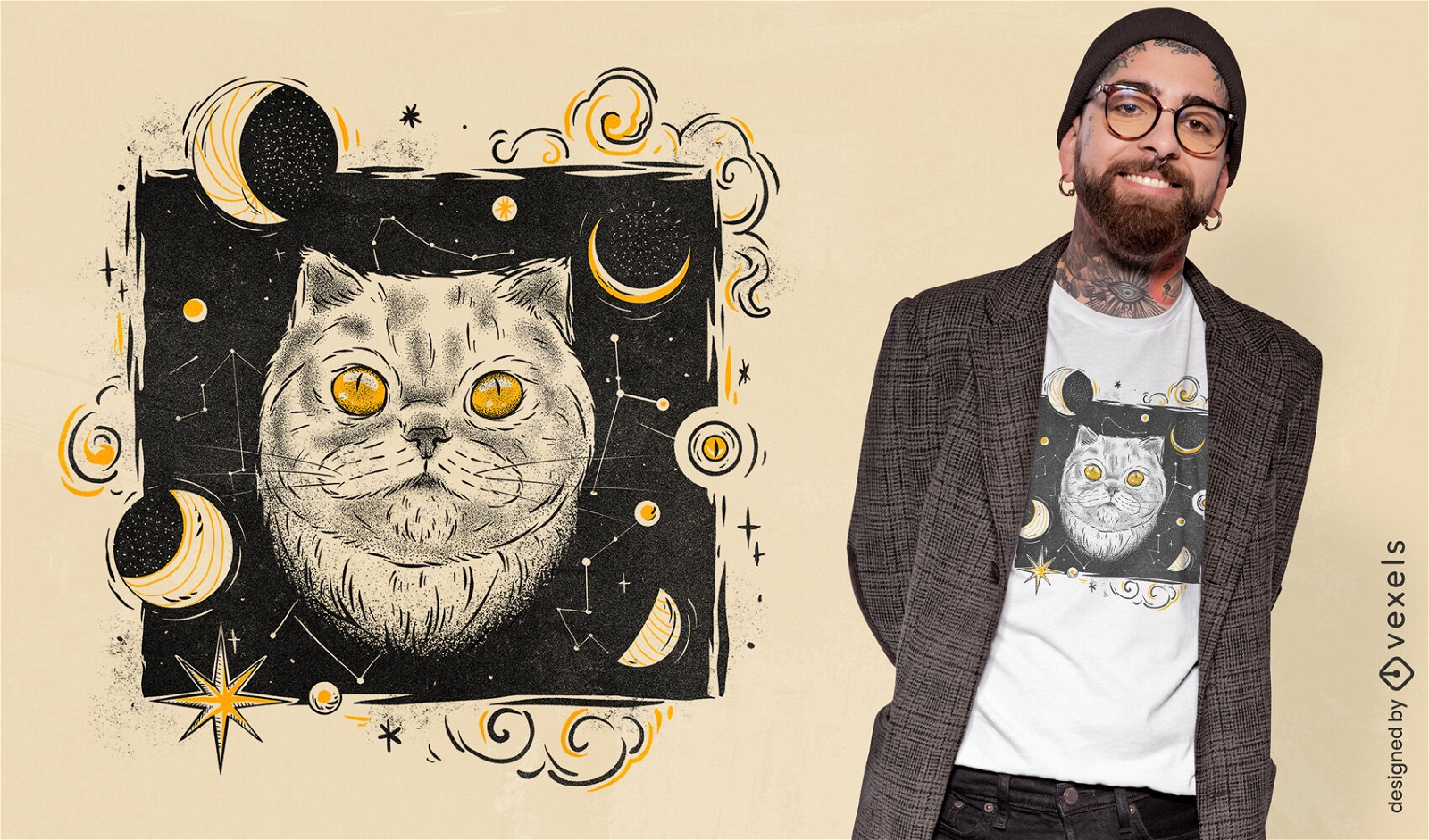 Design de camiseta de gato noturno cósmico