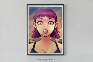 Diseño de cartel de piruleta de chica anime