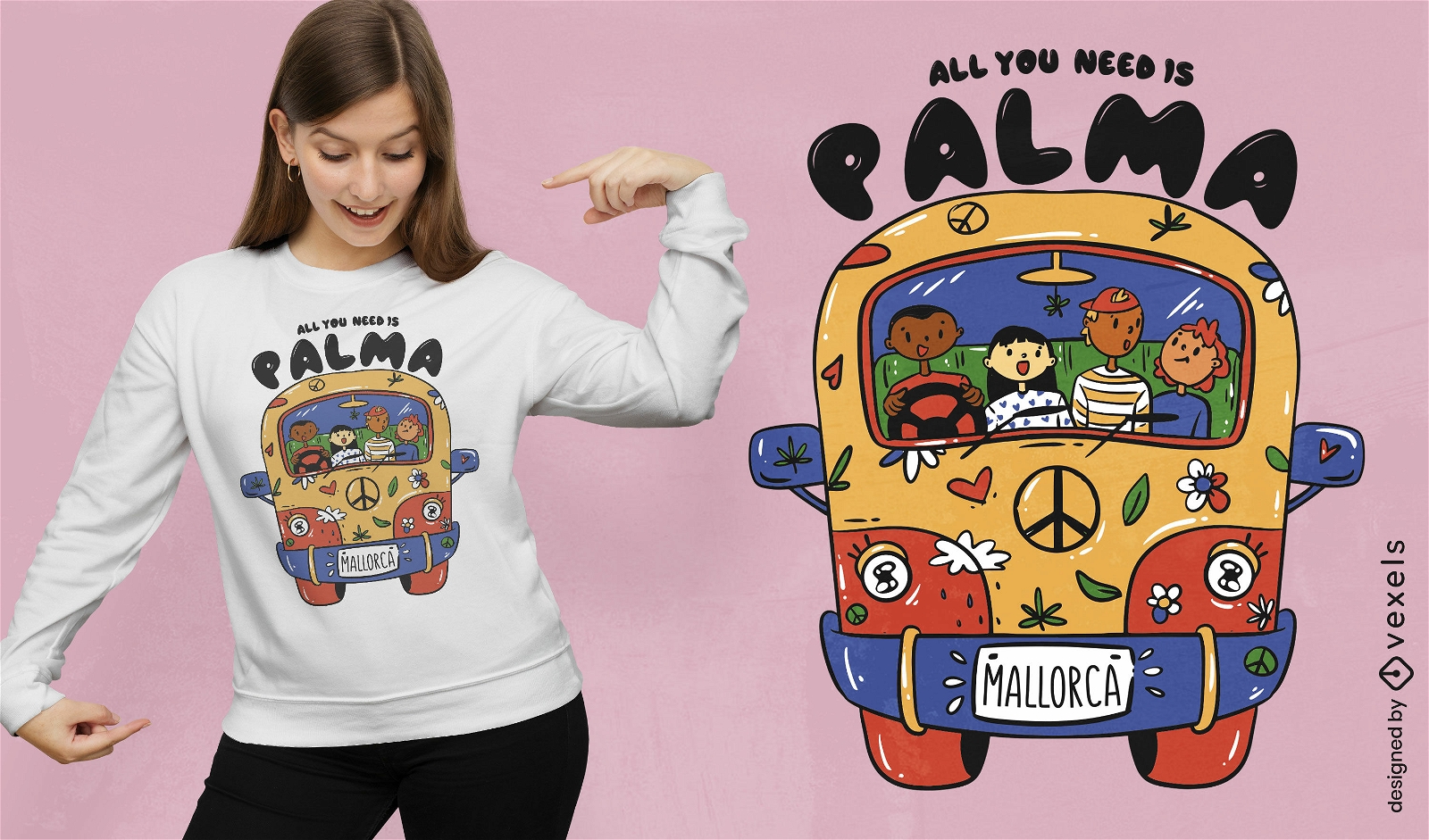 Amigos dirigindo van para design de camiseta de Mallorca