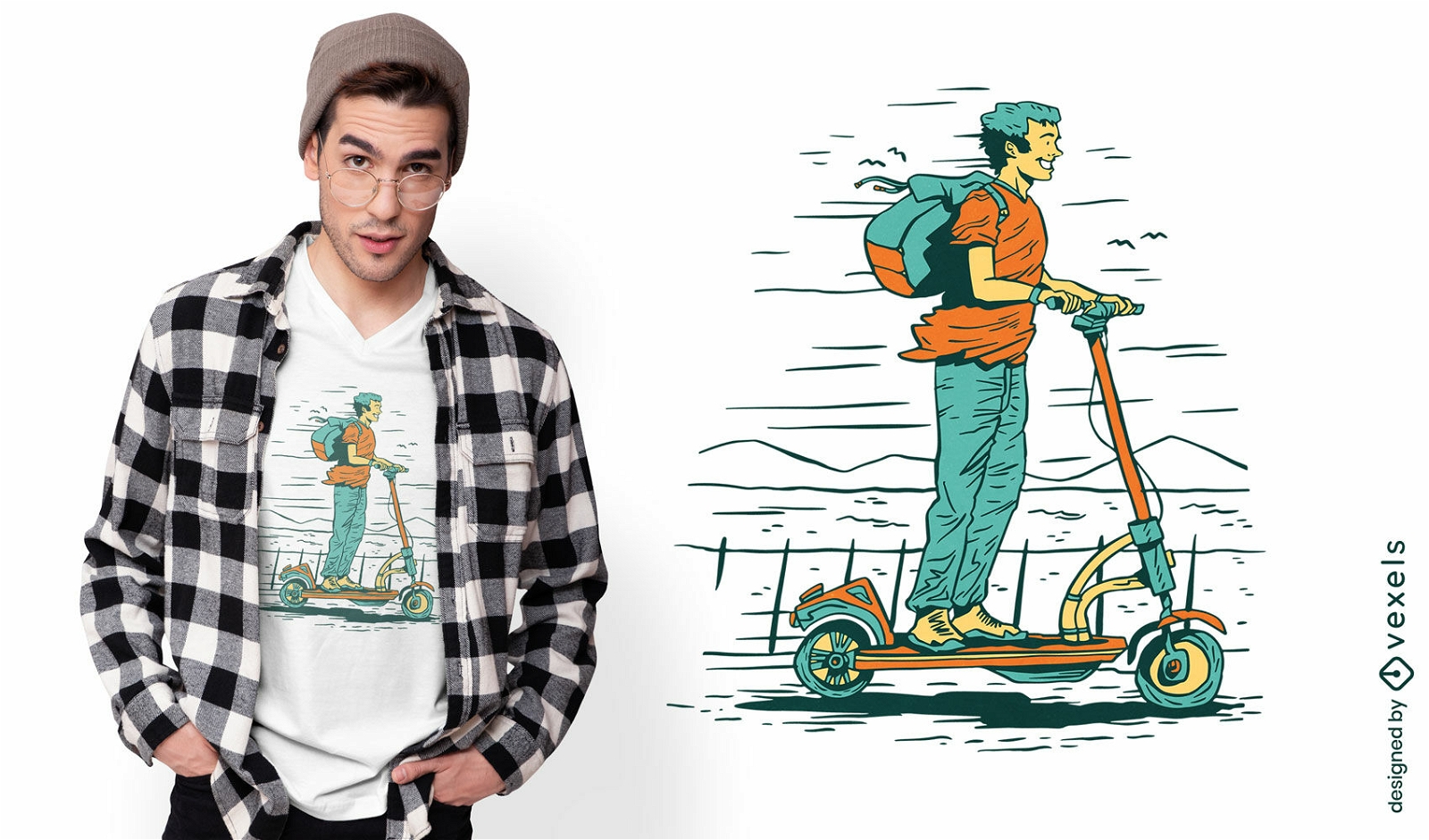 Homem andando de scooter design de camiseta de desenho animado