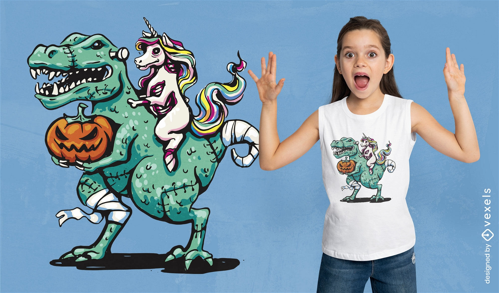 Unicorn riding t-rex Halloween t-shirt design
