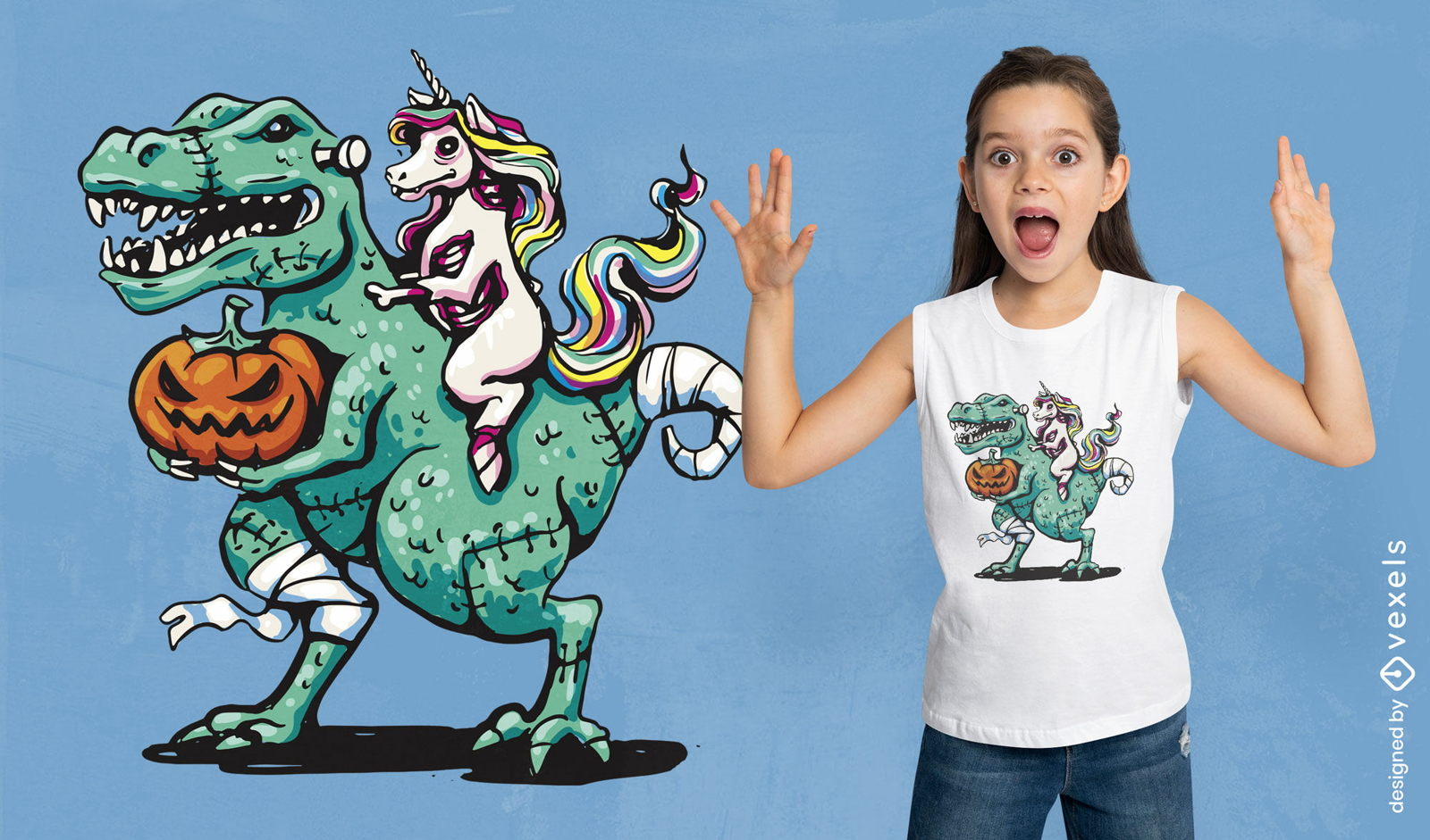 Unicornio montando t-rex dise?o de camiseta de Halloween