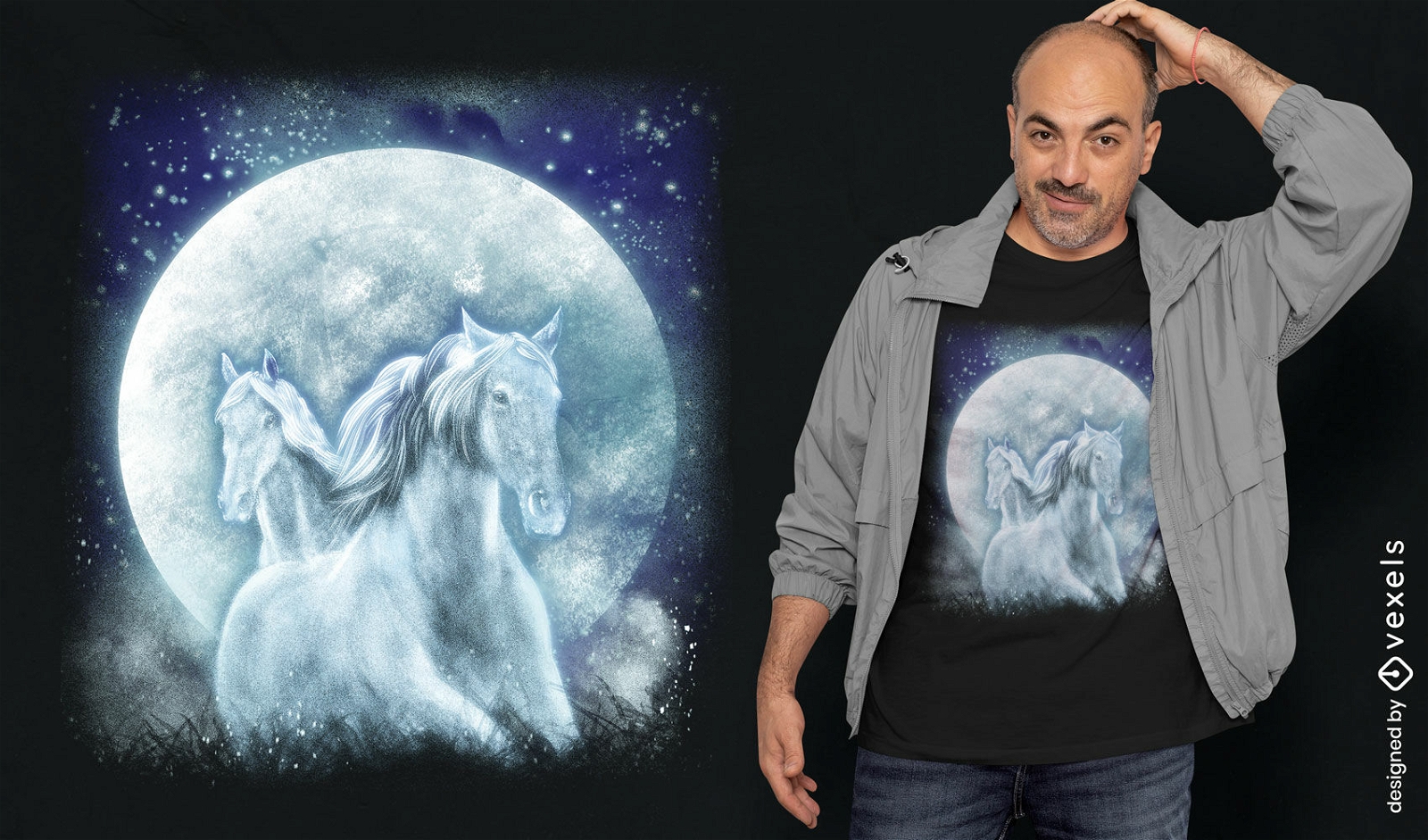 Design de camiseta de lua cheia de cavalos místicos