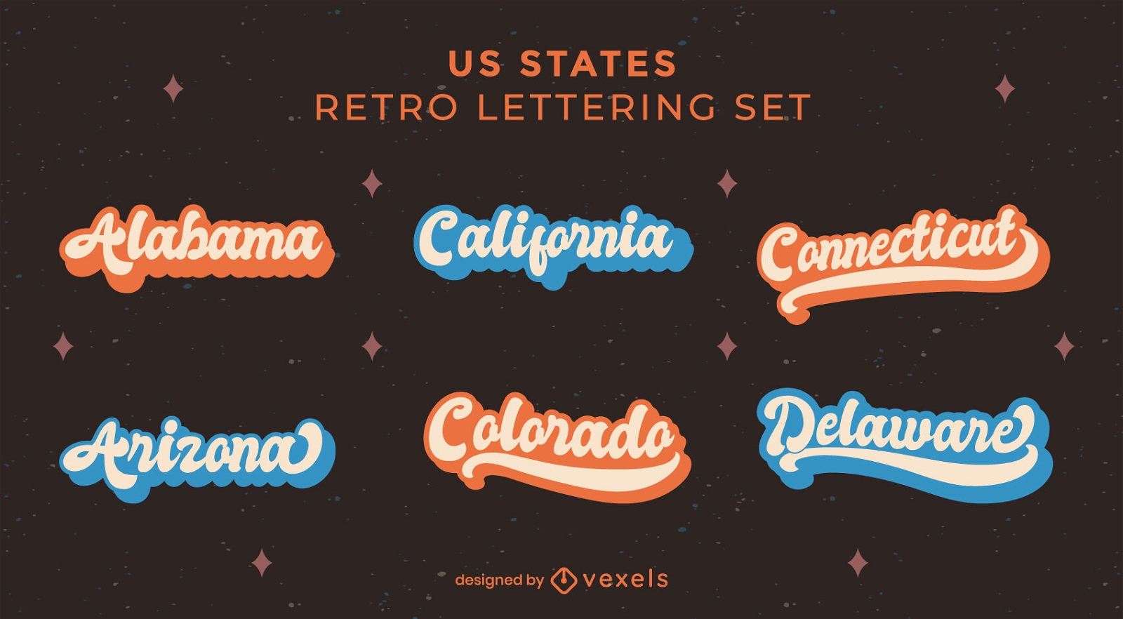 Conjunto de letras retro de nombres de estado de estados unidos