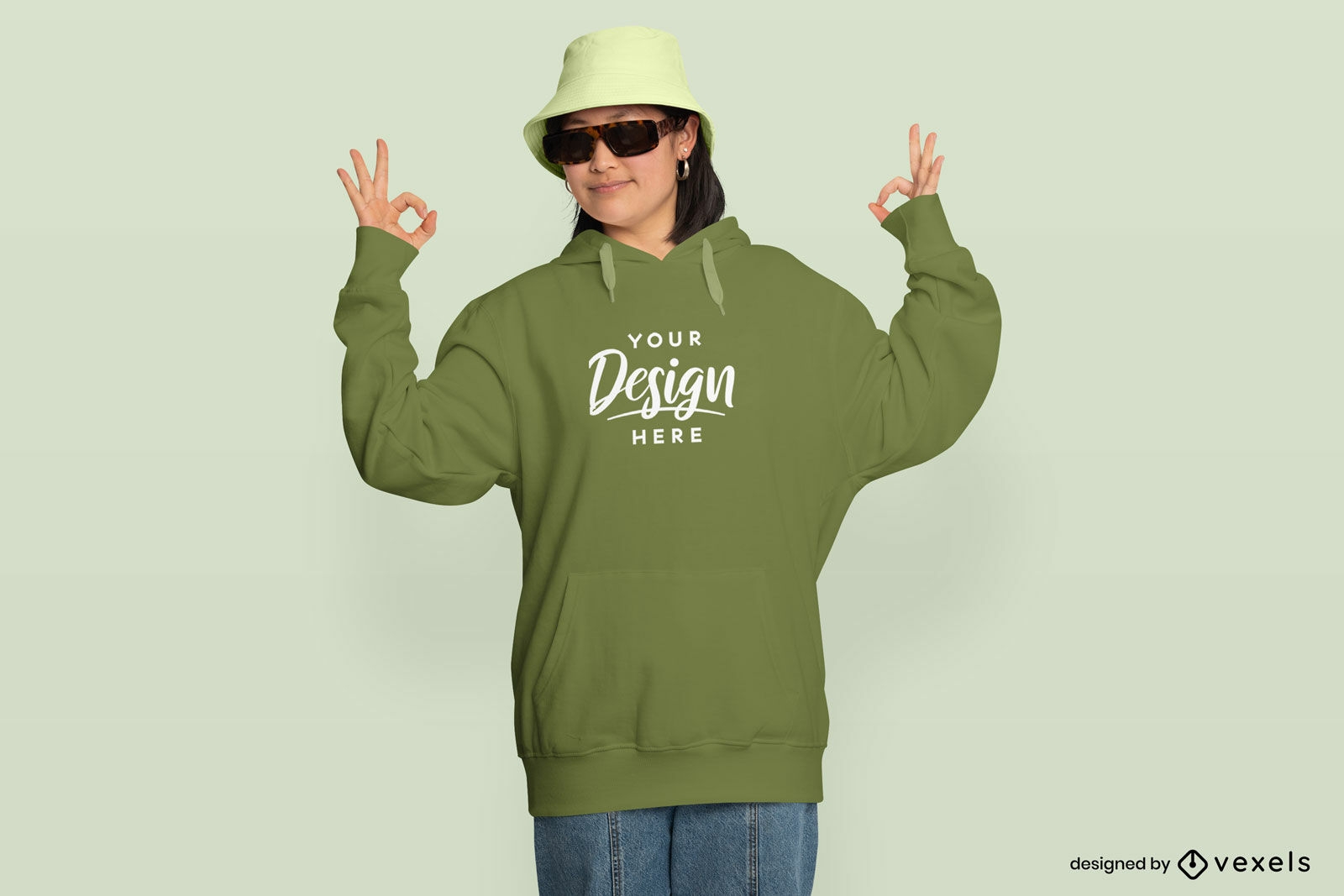 Woman with sunglasses and hoodie mockup