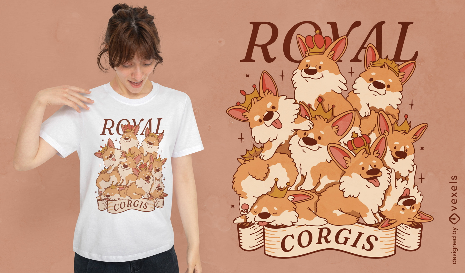 C?es corgi com design de t-shirt de coroas