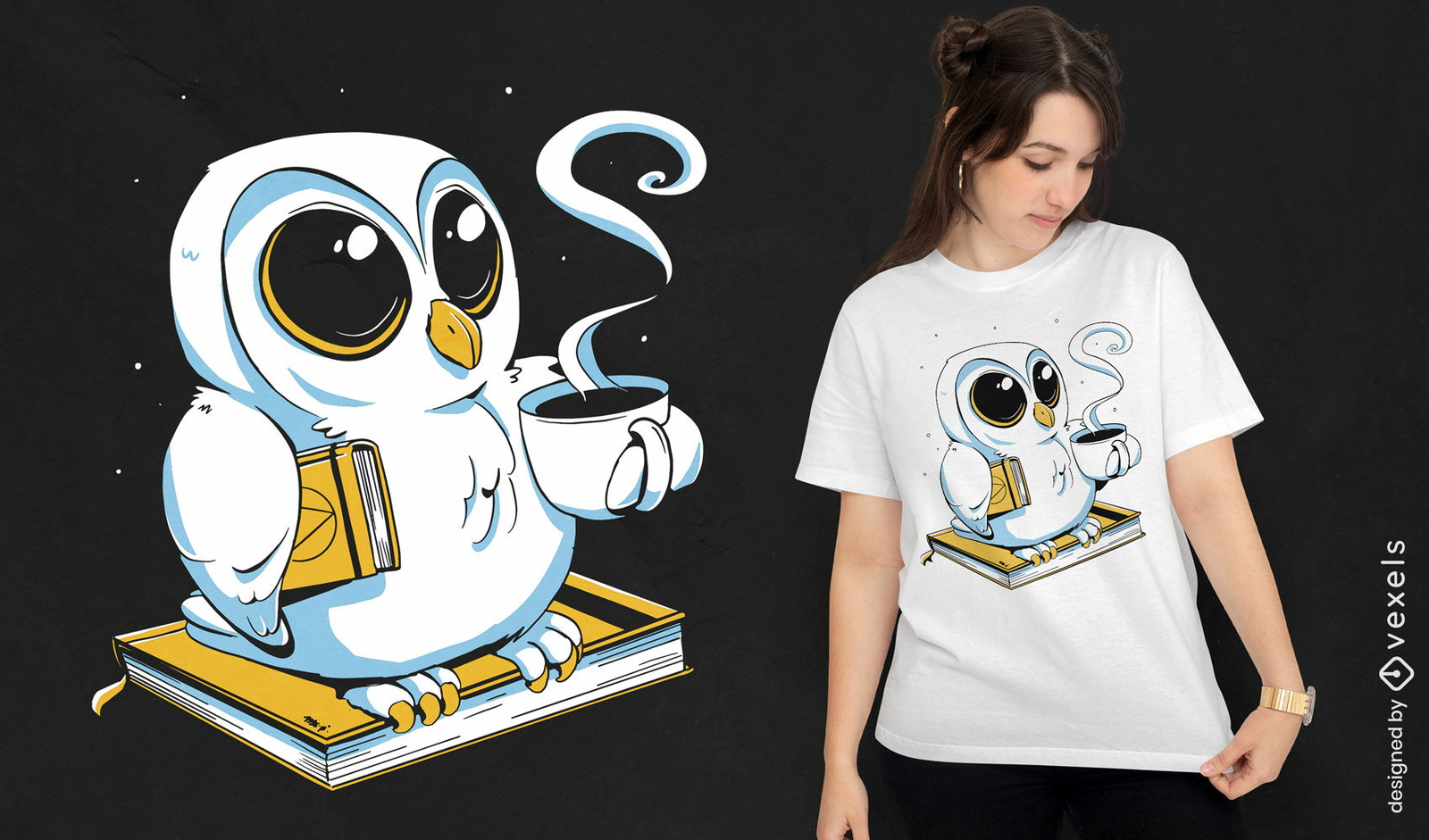 Coruja com biooks e design de t-shirt de café