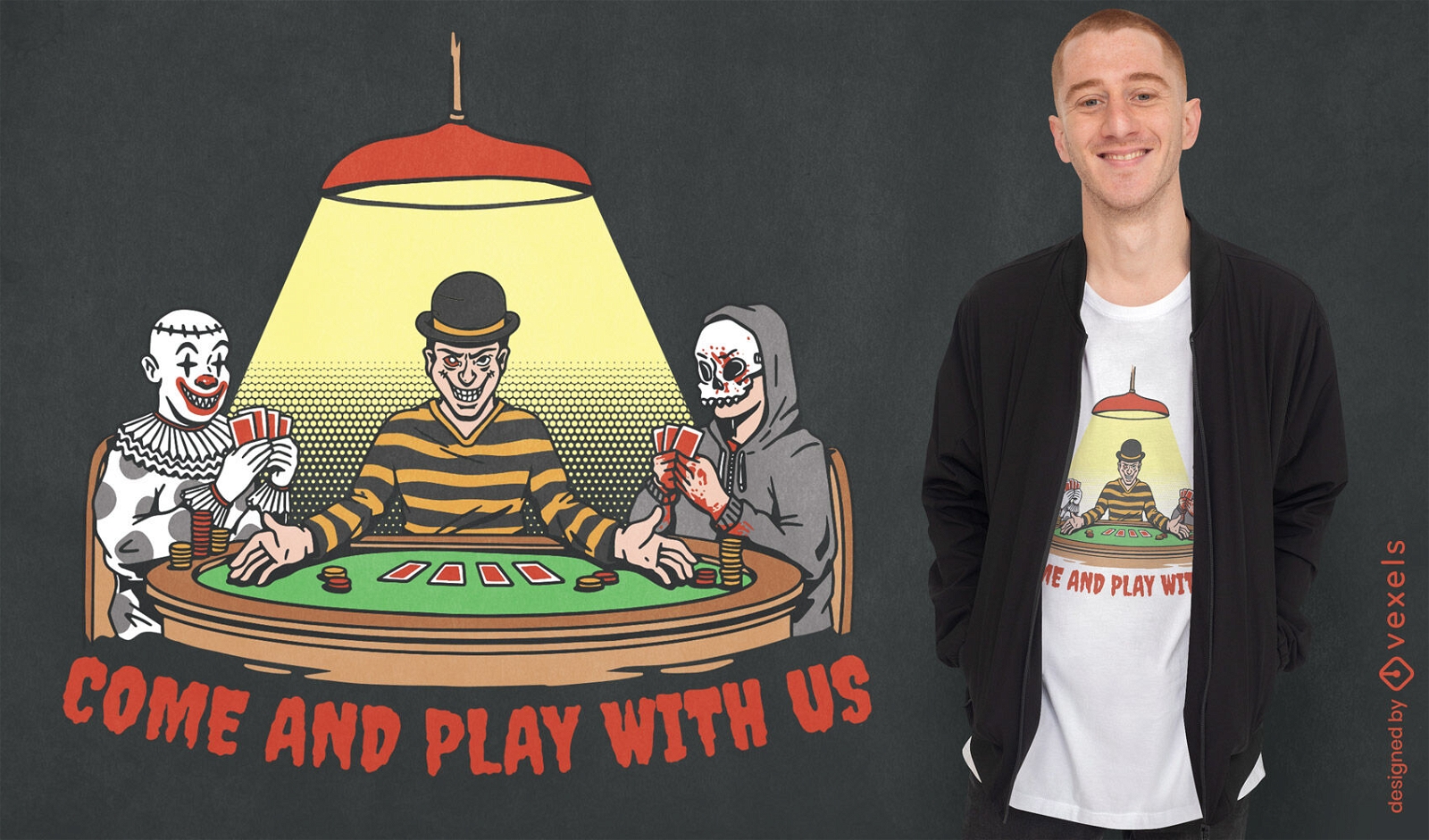 Diseño de camiseta de personajes de terror jugando a las cartas.