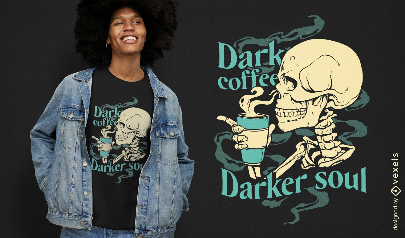 Esqueleto com design de camiseta de xícara de café