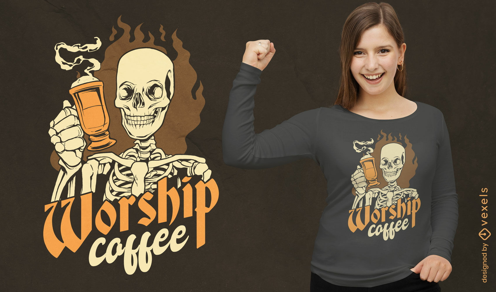 Esqueleto con diseño de camiseta de bebida de café.