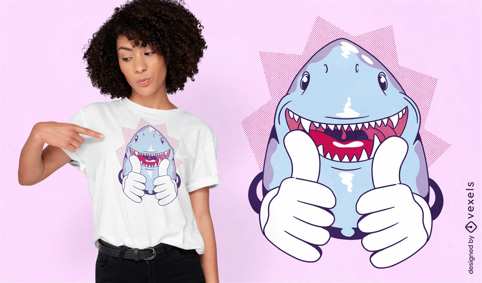 Diseño de camiseta de tiburón de pulgares arriba