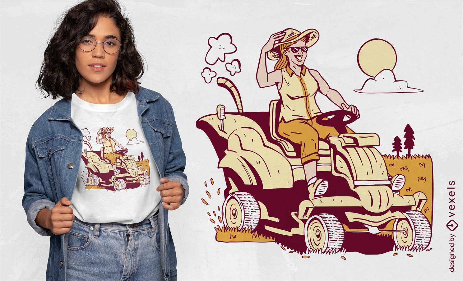 Woman and lawn mower machine t-shirt design