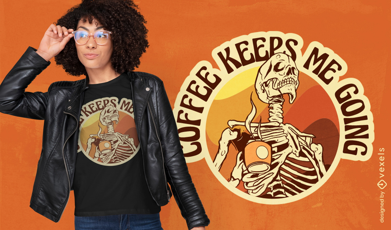 Skeleton with coffee retro sunset t-shirt design