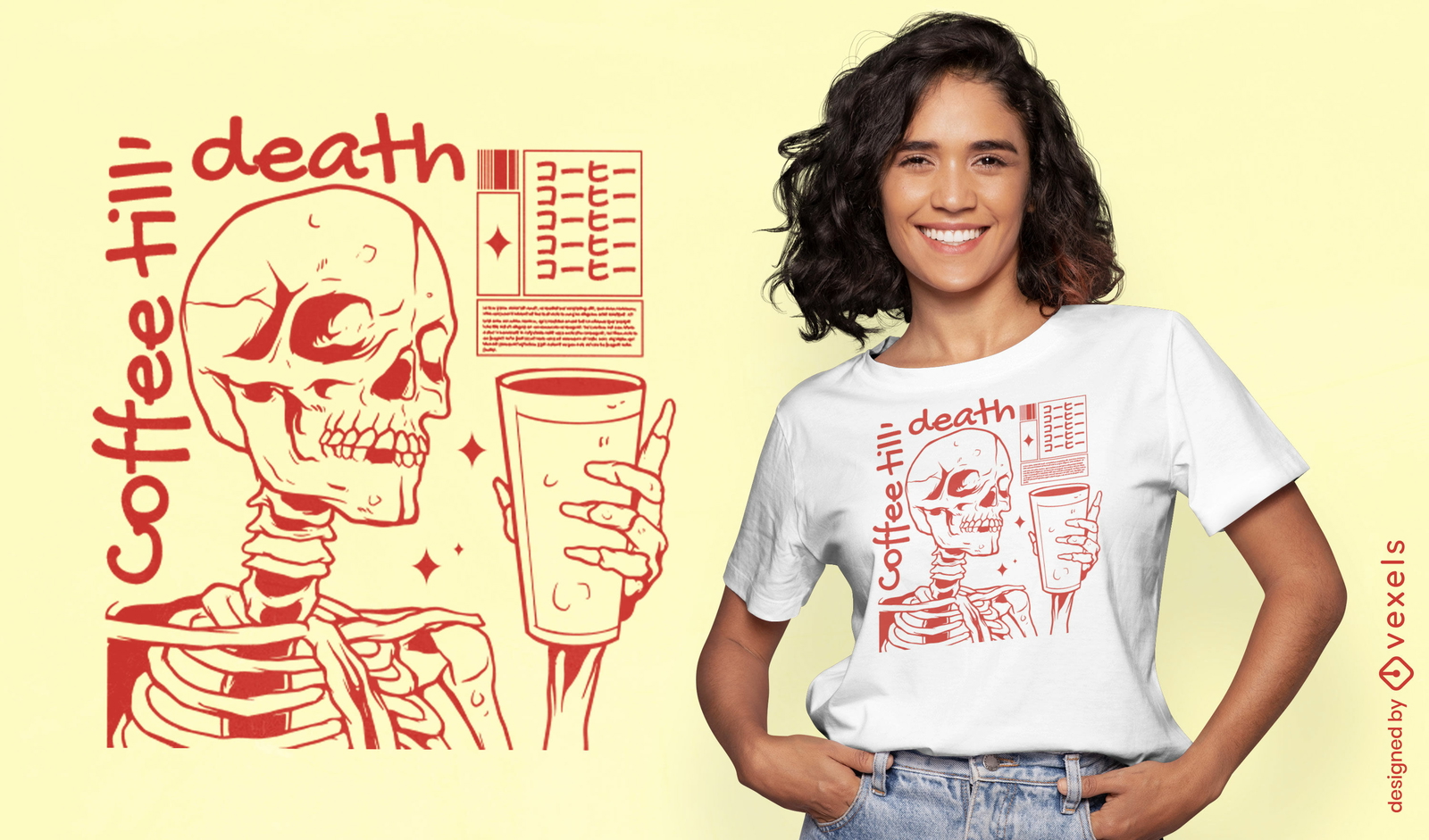 Diseño de camiseta de esqueleto y bebida de café.