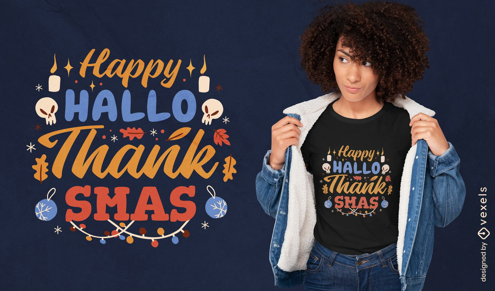 Design de t-shirt de letras de férias de Natal de Ação de Graças de Halloween