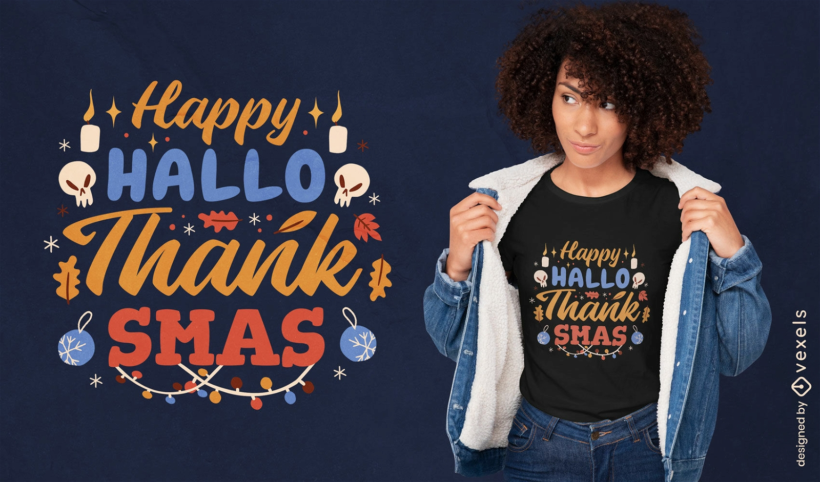 Diseño de camiseta de letras de vacaciones divertidas de Navidad de Acción de Gracias de Halloween