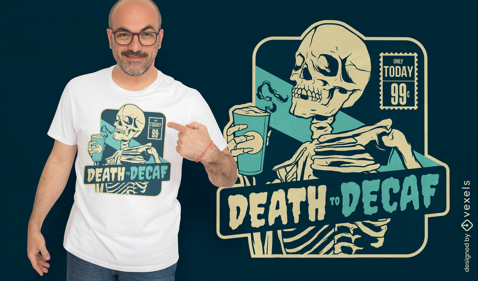 Design de camiseta esqueleto com bebida de cafeína