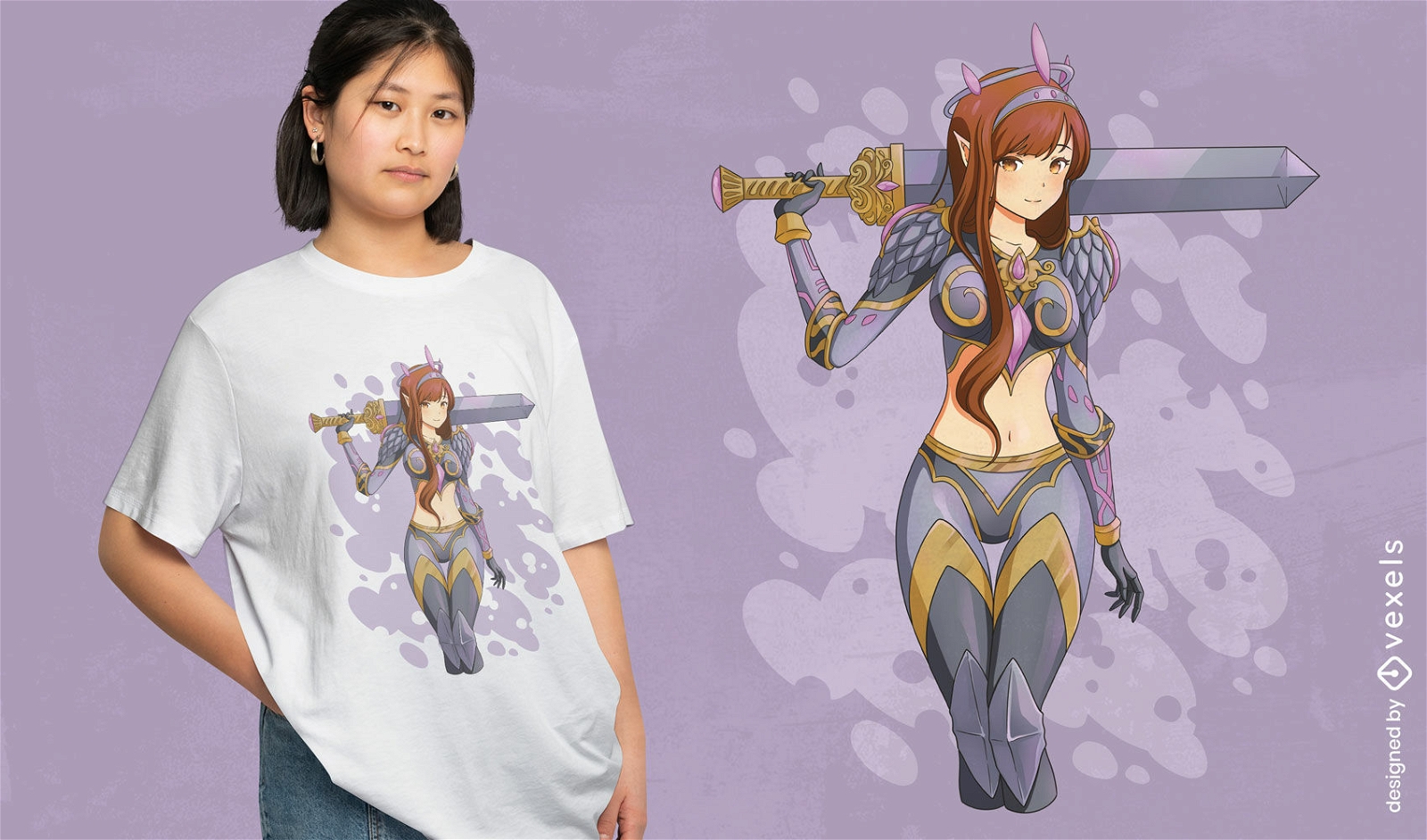 Diseño de camiseta de chica anime de guerrero elfo