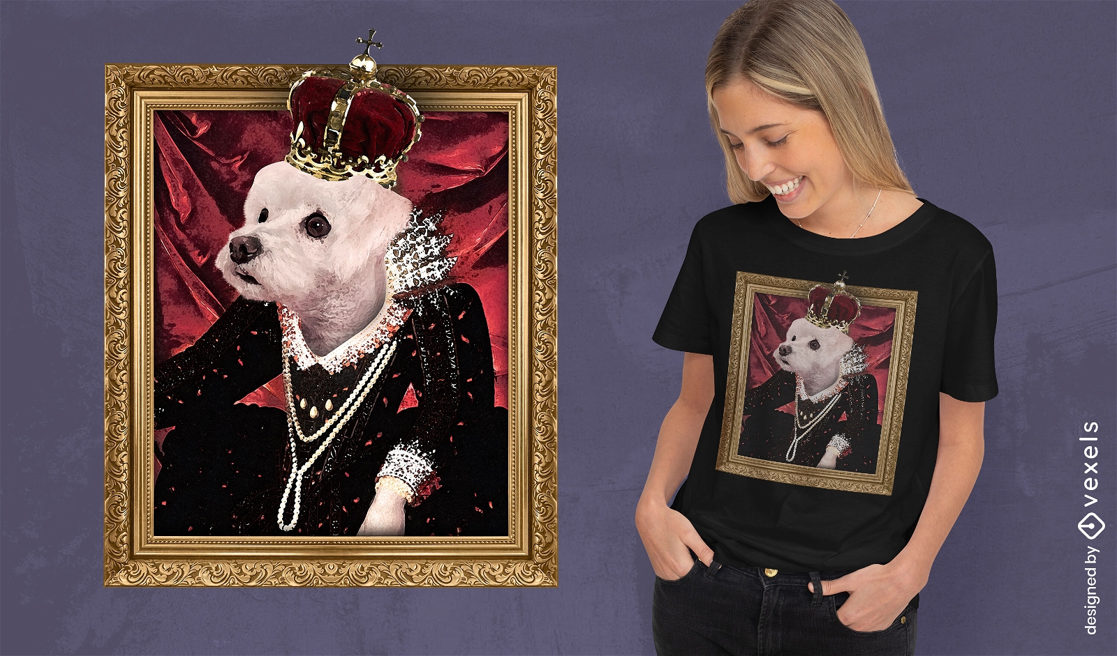 Design de camiseta psd de retrato de rainha de cachorro